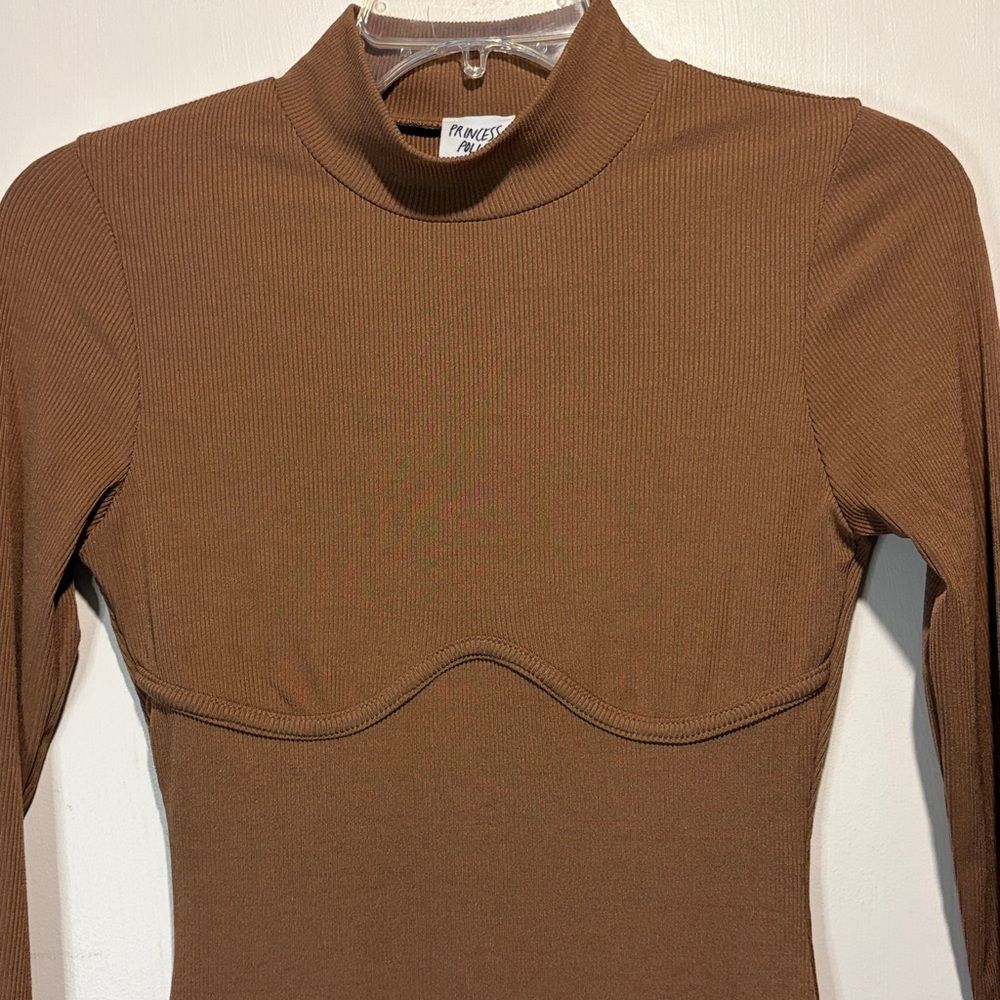 Princess Polly Brown Bodycon Ribbed Long Sleeve Mock Neck Dress- Size 4 - Picture 4 of 6